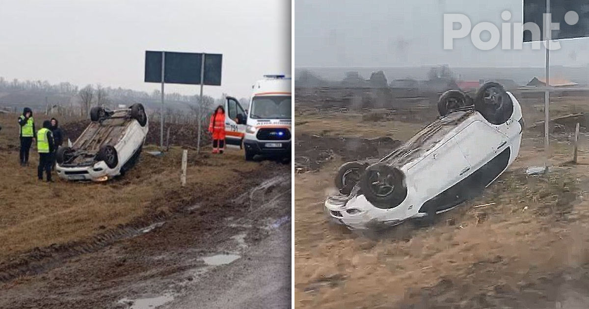 Accident la Căușeni: Un automobil s-a răsturnat pe acoperiș.