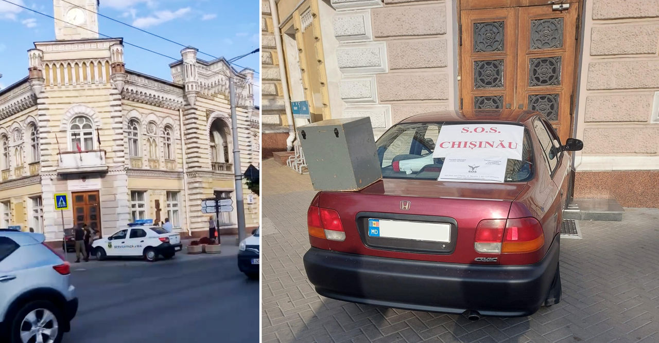 Водитель заблокировал автомобилем главный вход в здание примэрии Кишинева. Коллаж: Point.md