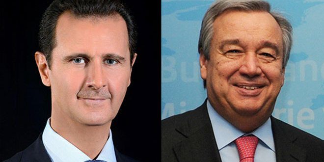 Президент Сирии Башар Асад получил поздравительную телеграмму от генерального секретаря ООН Антониу Гутерриша.