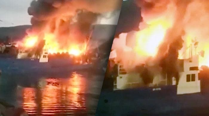 В норвежском порту загорелся российский траулер, на борту слышны взрывы.