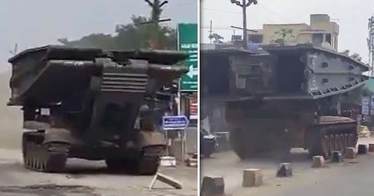 В Индии сняли на видео мостоукладчик на базе шасси советского танка. Коллаж: Point.md.