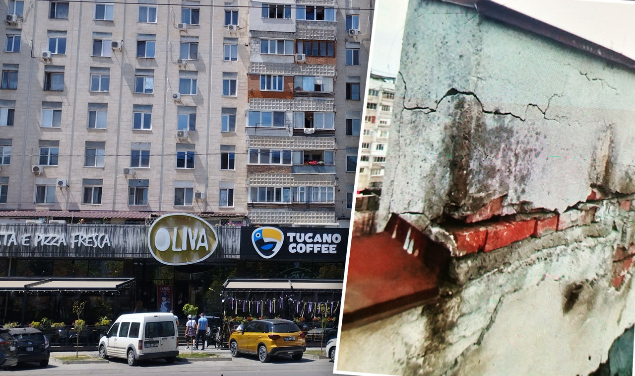 На Рышкановке кусок плиты может упасть на голову прохожим. Коллаж: Point.md