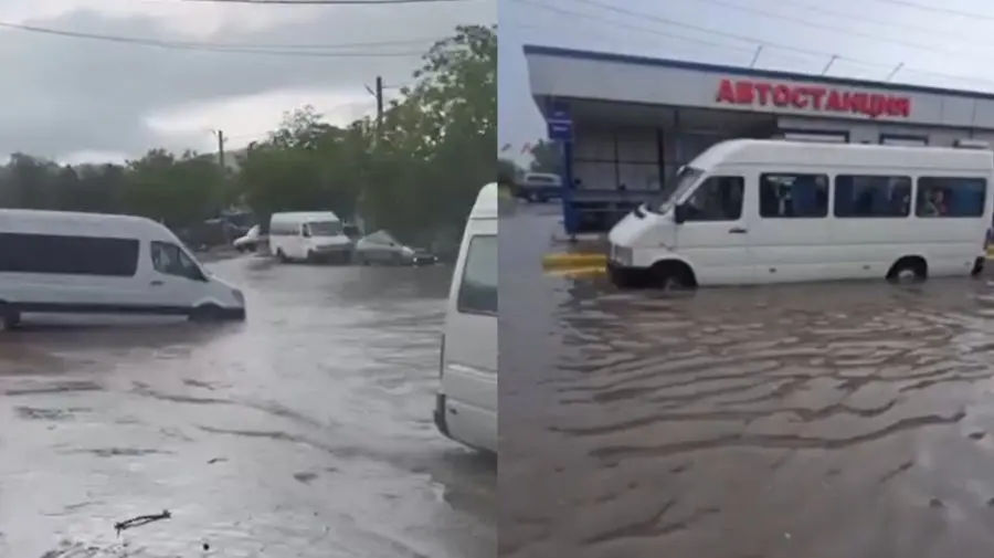 Ploile torențiale au transformat autogara din Tiraspol într-un lac. Colaj: realitatea.md