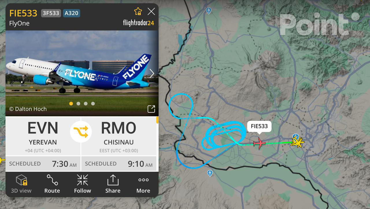 Avionul cursei Erevan – Chișinău al companiei FlyOne a efectuat o aterizare de urgență.