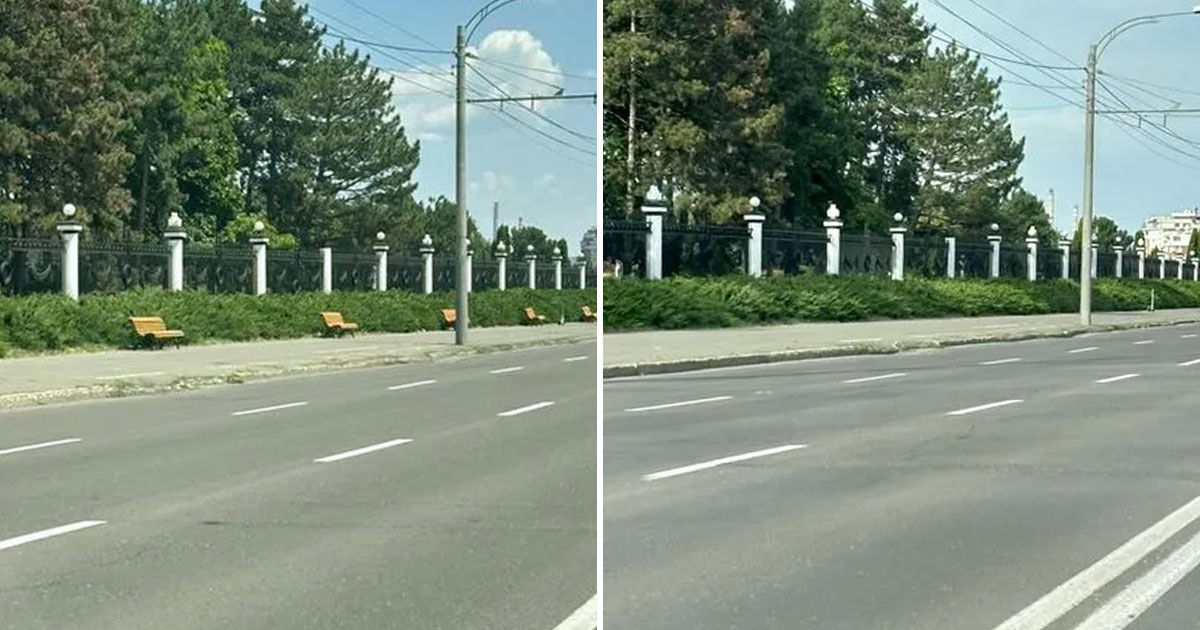 На улице Пан Халипа вдоль дороги установили скамейки, а затем демонтировали. Коллаж: Point.md