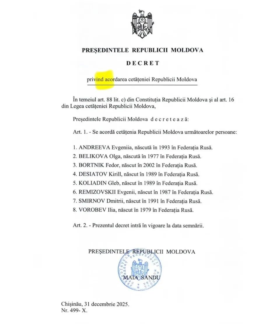 Opt ruși au primit cetățenia Republicii Moldova: Decretul, semnat de Maia Sandu