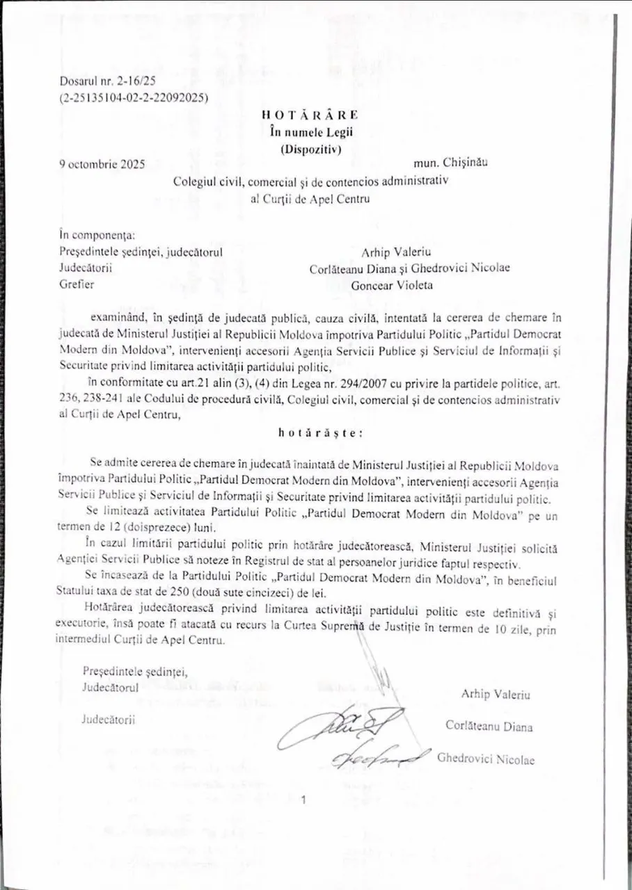 В Молдове на один год ограничили деятельность партии PDMM