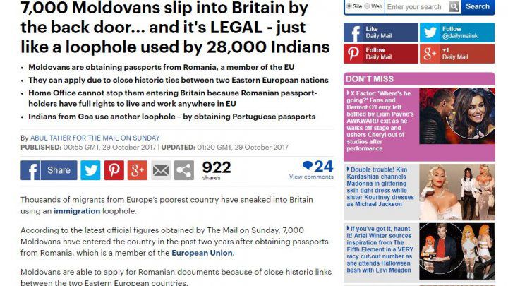 Daily Mail: 7.000 de moldoveni cu paşaport românesc s-au strecurat în Marea Britanie pe uşa din spate
