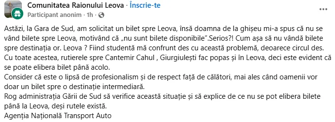 O studentă s-a plâns de imposibilitatea de a cumpăra bilete spre Leova de la Gara de Sud