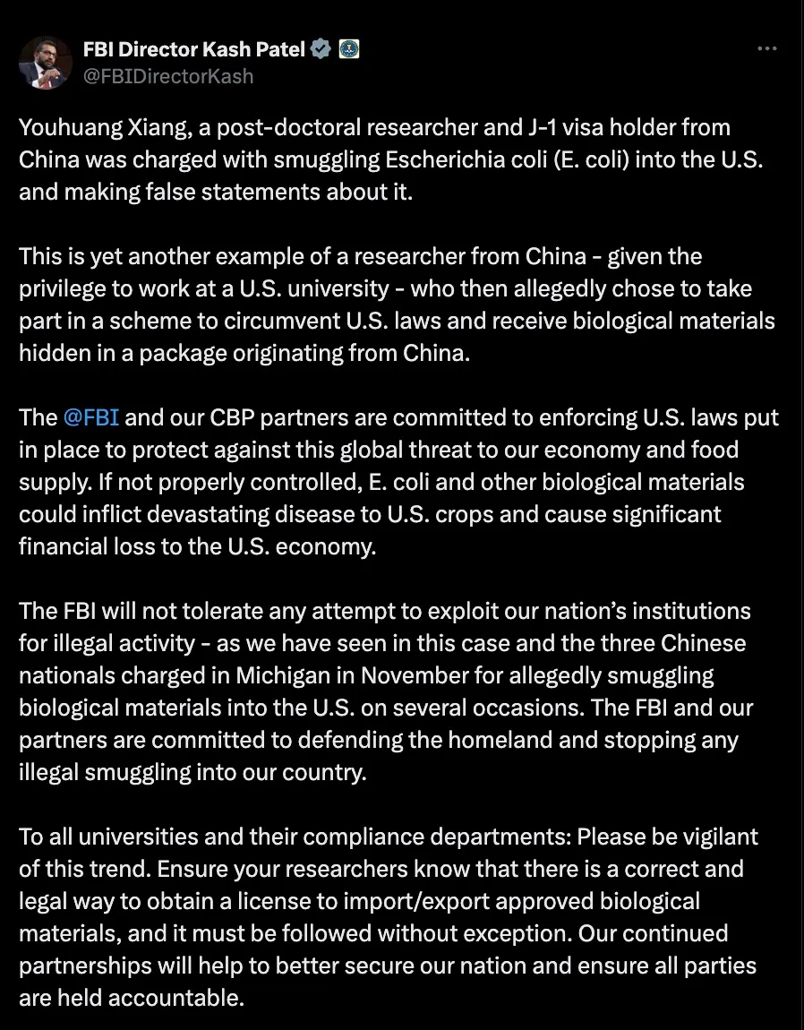 Directorul FBI, Kash Patel: Un om de știință chinez este acuzat de contrabandă cu bacteria E. coli