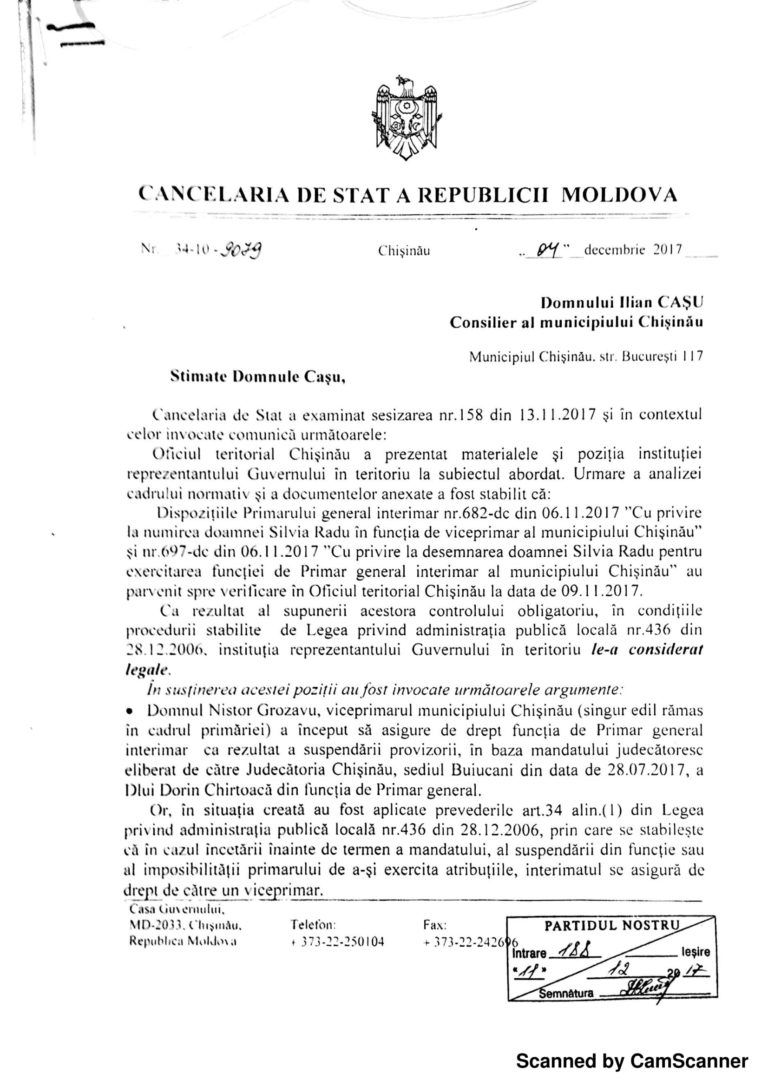 Cancelaria de Stat nu a depistat abateri legale în cazul numirii Silviei Radu în funcţia de primar general interimar