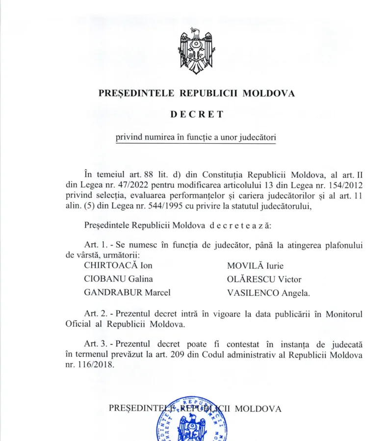 Maia Sandu a semnat un decret privind numirea în funcție a judecătorului Ion Chirtoacă