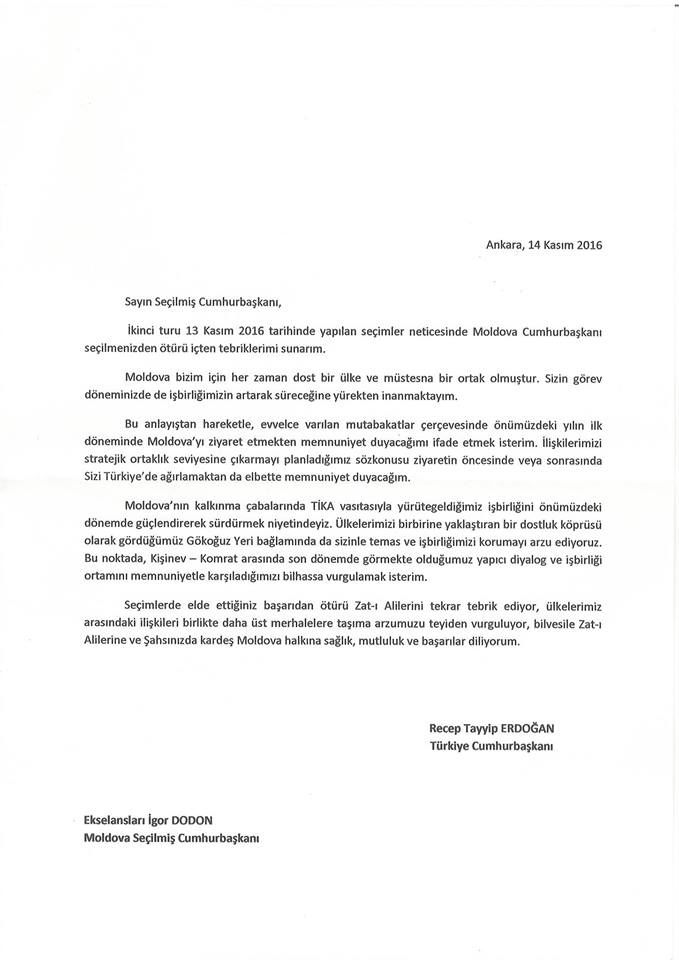 Эрдоган поздравил Игоря Додона с избранием на пост президента Молдовы