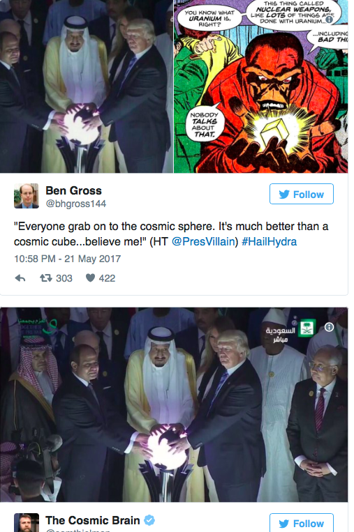 Imaginea bizară cu Trump și "globul de cristal". Președintele SUA, comparat cu "geniile malefice" din filme