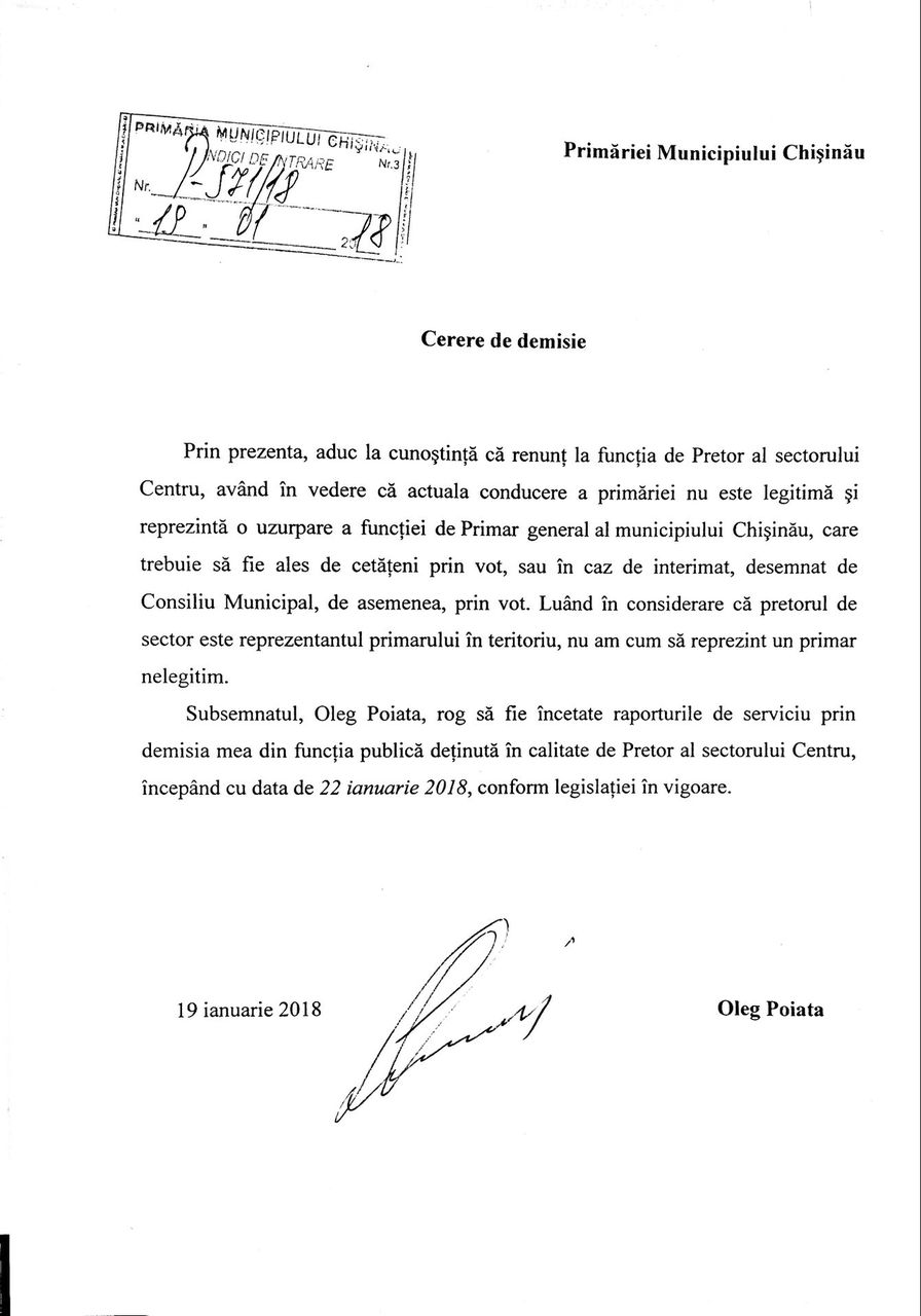 Oleg Poiată demisionează din funcția de pretor al sectorului Centru: Nu am cum să reprezint un primar nelegitim