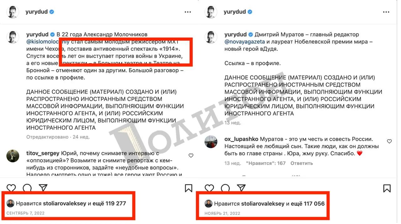 Зять Шойгу поставил лайк под антивоенным постом Юрия Дудя