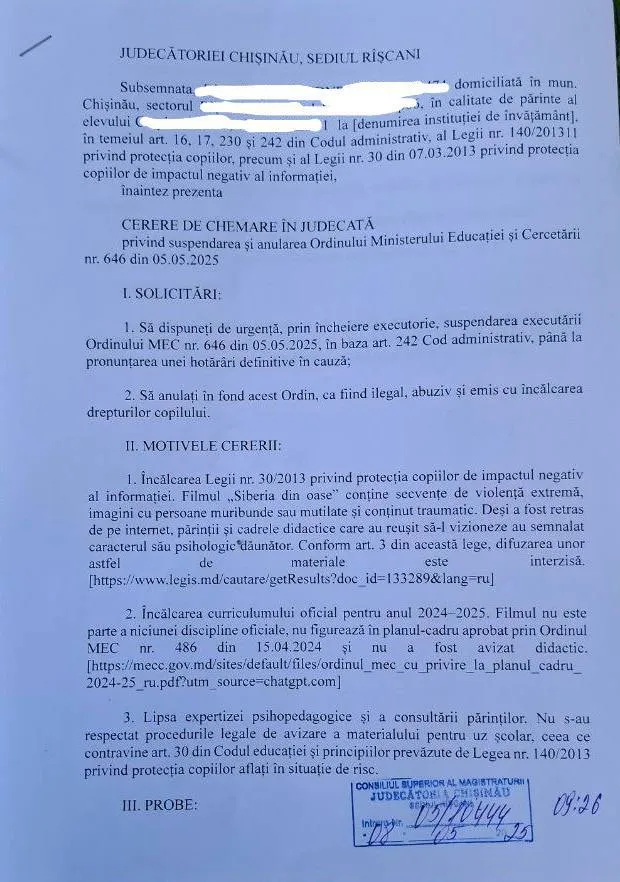 Ordinul lui Perciun care obligă elevii să privească un film cu scene de violență, atacat în instanță