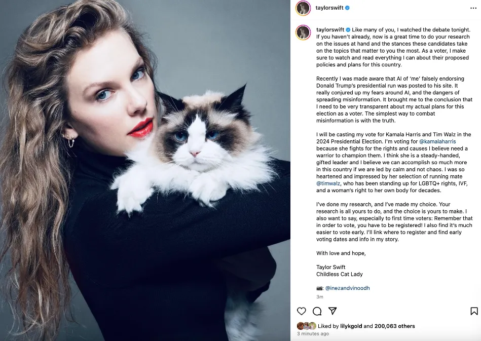 Taylor Swift susține candidatura Kamalei Harris la alegerile prezidențiale din SUA