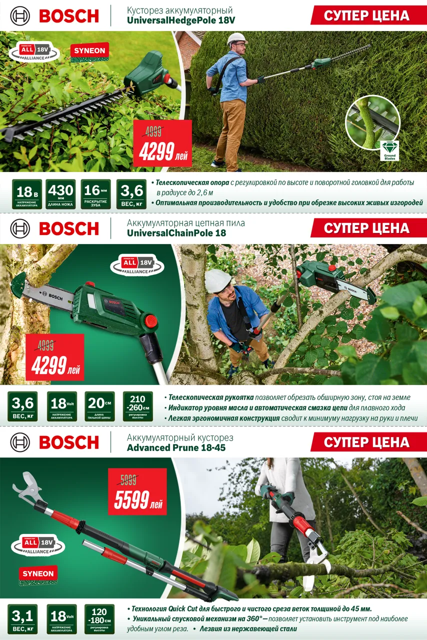 Bosch Store: Цепные пилы и кусторезы - лучшие предложения со скидкой до 1000 леев