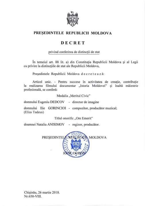 Oscar de Moldova: Igor Dodon i-a decorat pe cei care i-au făcut filmul Istoria Moldovei
