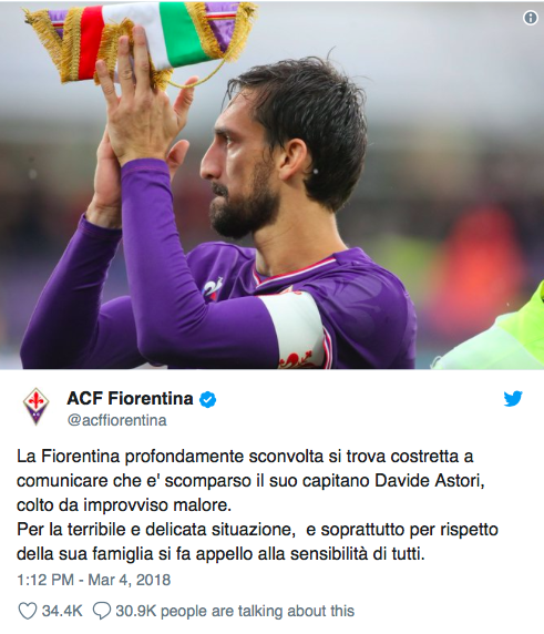 Tragedie în fotbalul italian. A murit căpitanul Fiorentinei, Davide Astori