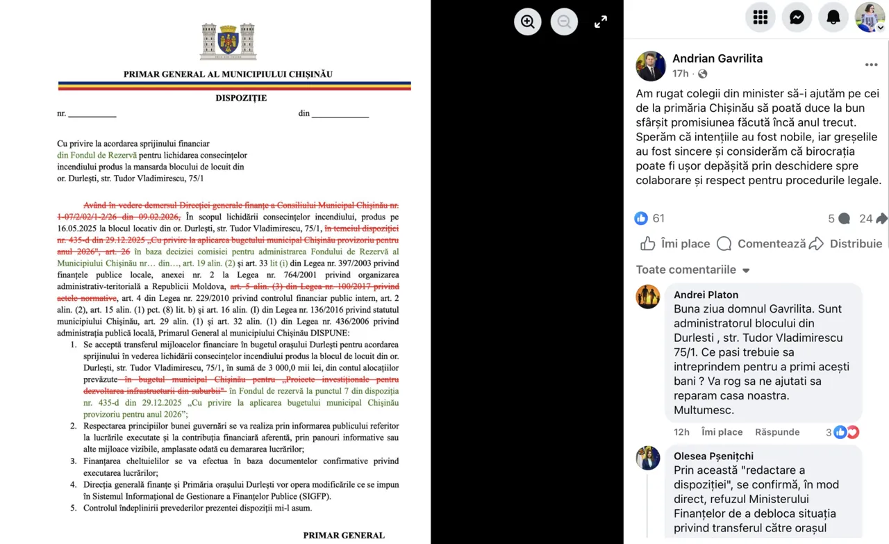 Dispută între Gavriliță și Pșenițchi privind banii pentru blocul din Durlești afectat de incendiu