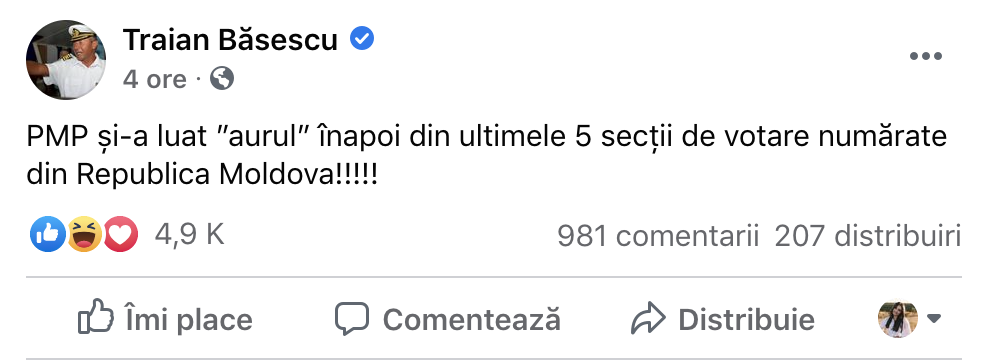 Бэсеску заявил, что забрал свое "золото" в Молдове