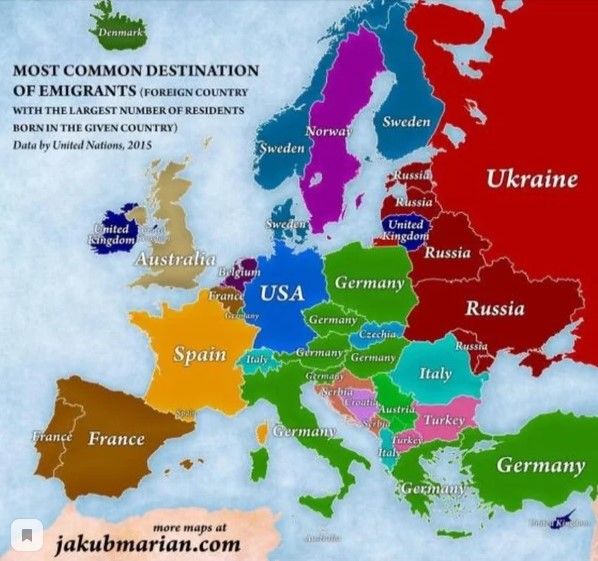 Опубликована карта Европы по количеству эмигрантов в разных странах