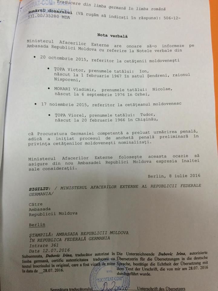 Today: Traducerea autorizată a scrisorii autorităților germane despre urmărirea penală a lui Victor și Viorel Țopa
