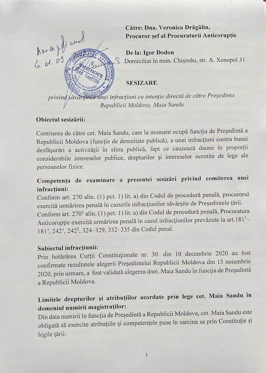 Додон просит главу Антикоррупционной прокуратуры возбудить дело против Санду