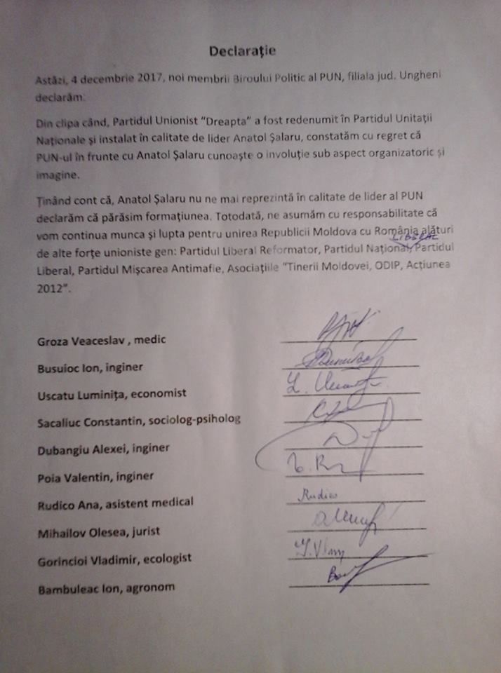 Un grup de membri ai partidului lui Anatol Şalaru părăsesc formaţiunea