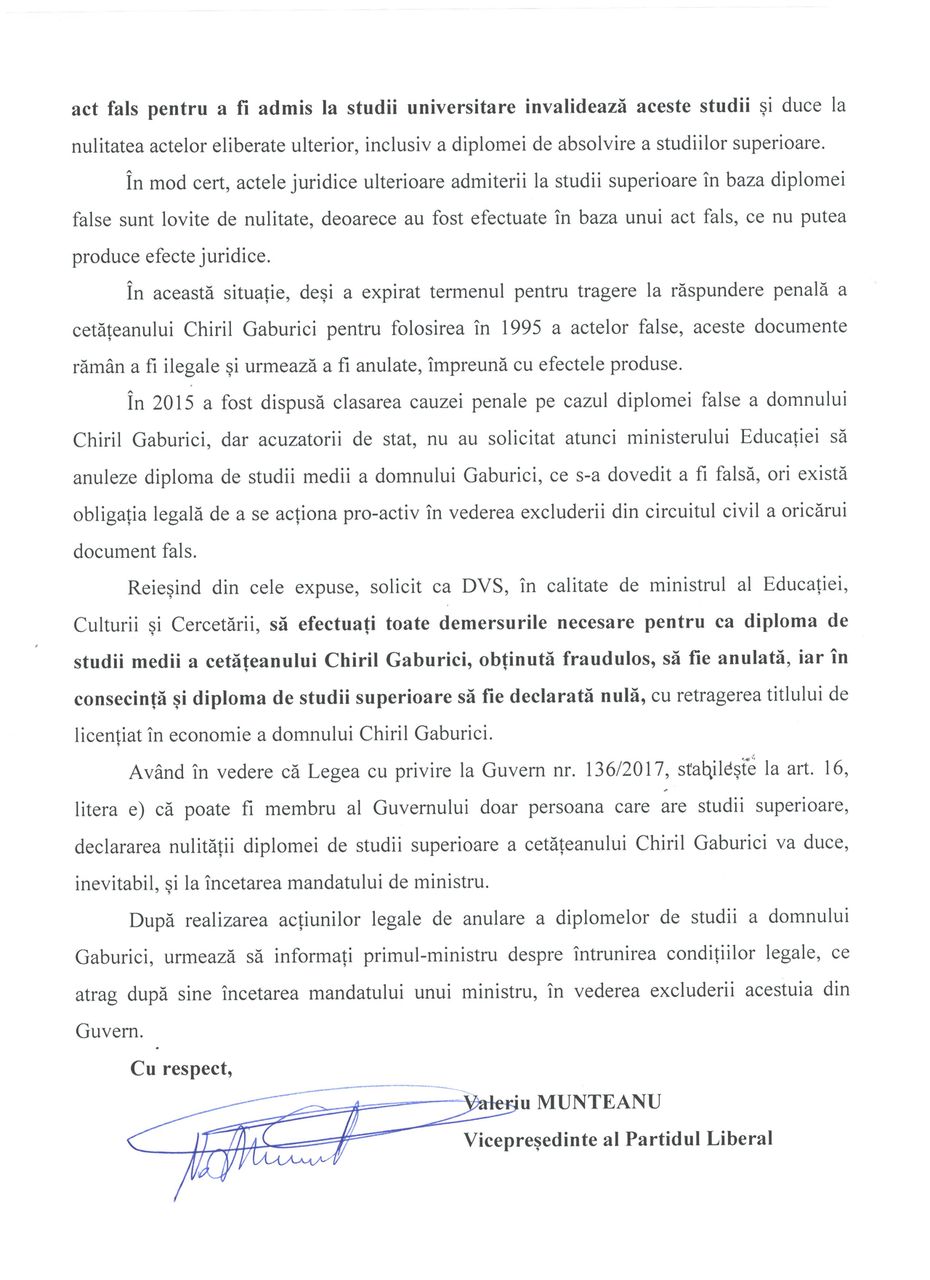 Scandalul diplomei lui Gaburici. Solicitarea făcută de Munteanu