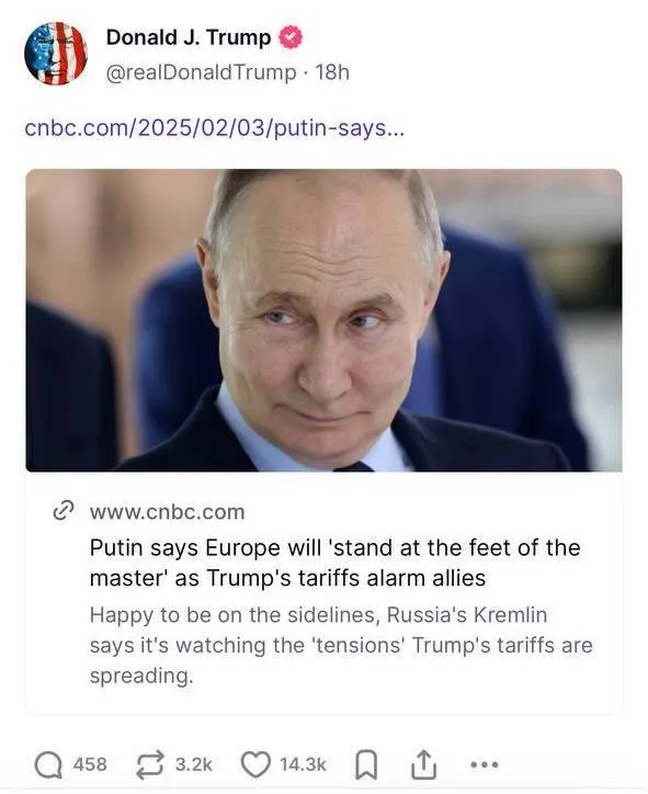 Трамп перепостил заявление Путина, что Европа «встанет у ног хозяина»