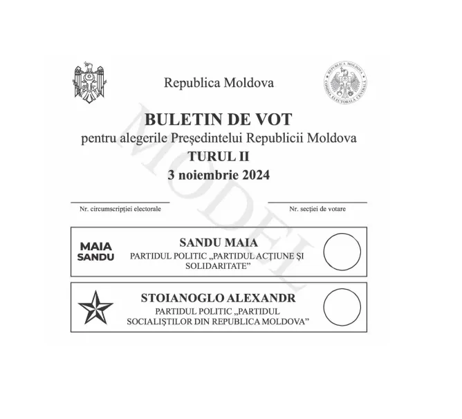 Modelul buletinului de vot pentru turul doi al alegerilor prezidențiale, aprobat de CEC