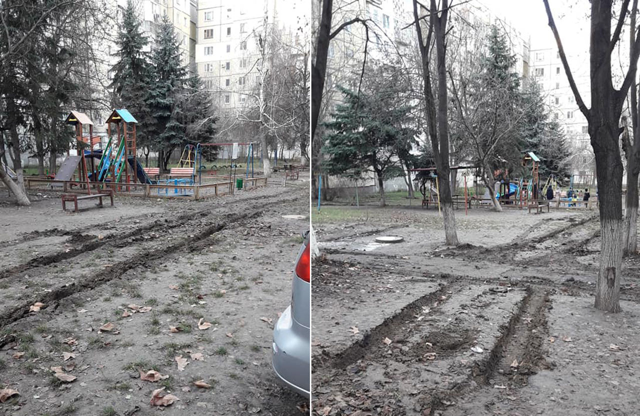В Кишиневе коммунальщики "вспахали" двор жилого дома, убирая листья