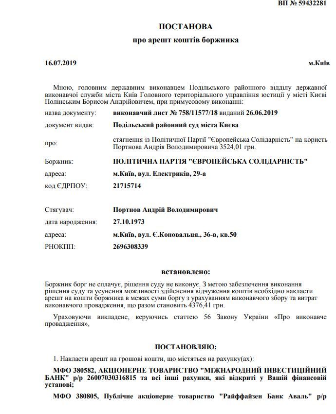 Исполнительная служба арестовала счета партии Петра Порошенко