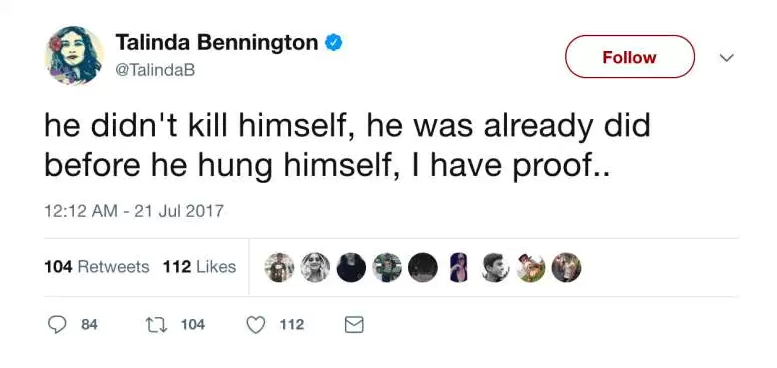 Хакеры взломали Twitter вдовы Беннингтона и поглумились над его смертью