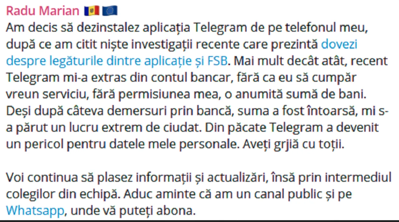 Radu Marian își șterge aplicația Telegram din telefon pentru „legături cu FSB”