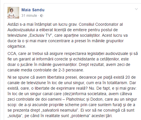 Maia Sandu: Plahotniuc și Dodon vor să ne convingă că ei sunt „soluția” pe când de fapt ei sunt „problema” acestei țări