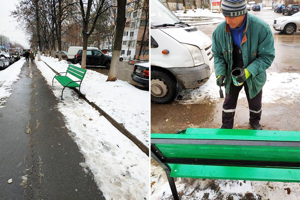 На Ботанике рабочие устанавливали и красили скамейки, несмотря на непогоду
