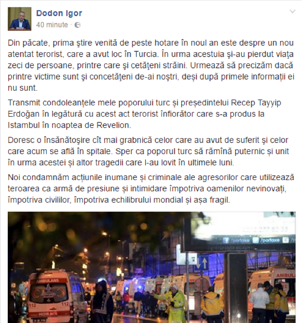 Președintele Igor Dodon condamnă atacul de la Istanbul: „Transmit condoleanțele mele poporului turc”