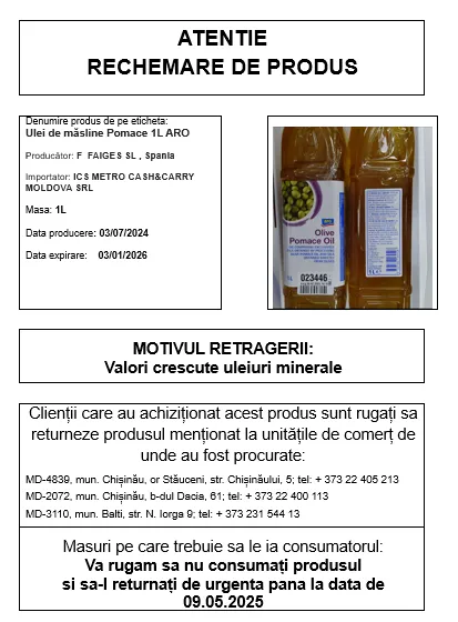 ANSA retrage un lot de ulei de măsline: Produsul poate fi dăunător pentru organism