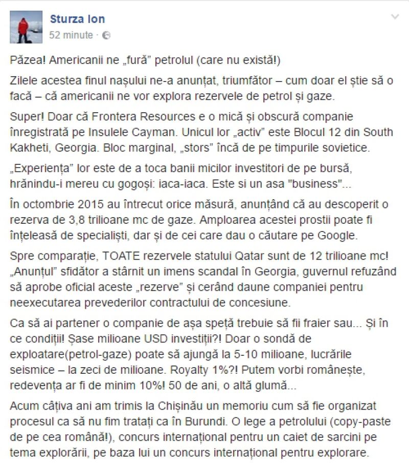 Sturza critică concesionarea zăcămintelor de petrol pe teritoriul Moldovei