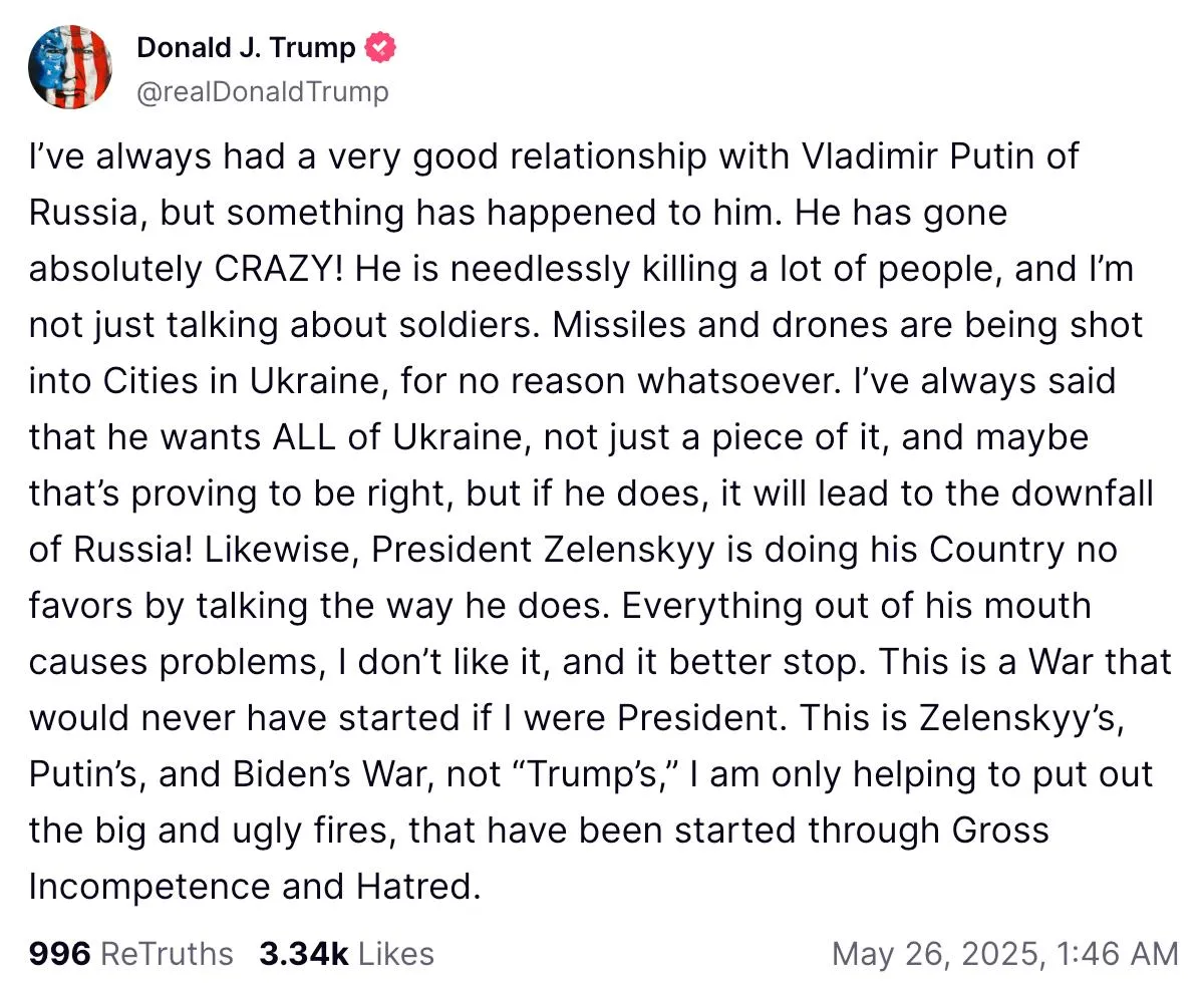 Trump: Putin a înnebunit complet. Ucide în zadar mulți oameni