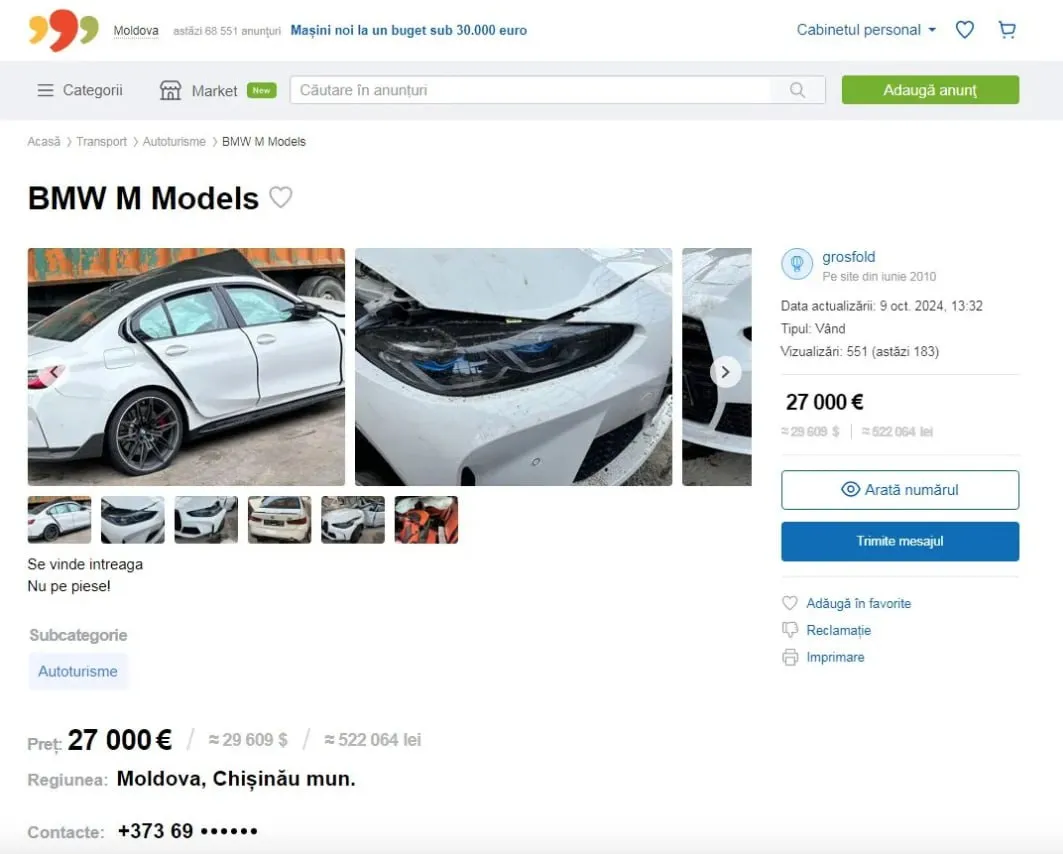 BMW-ul care s-a lovit de un stâlp la Botanica a fost scos la vânzare