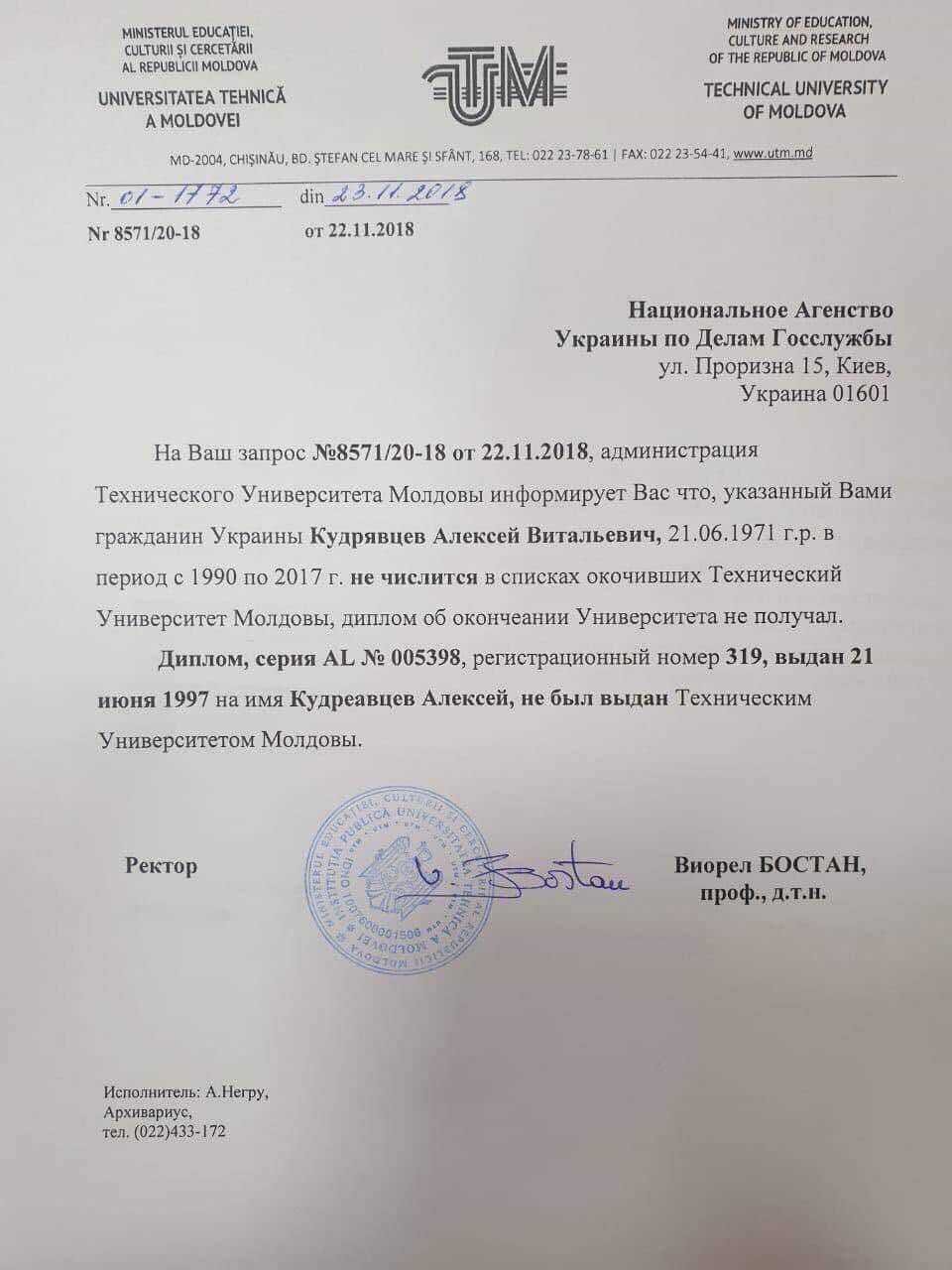 На украинского чиновника могут завести уголовное дело за подделку молдавского диплома