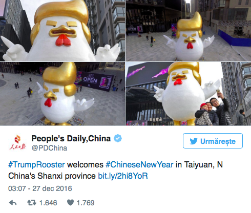 O statuie a unui cocoş cu frizura lui Donald Trump marchează anul cocoşului în China