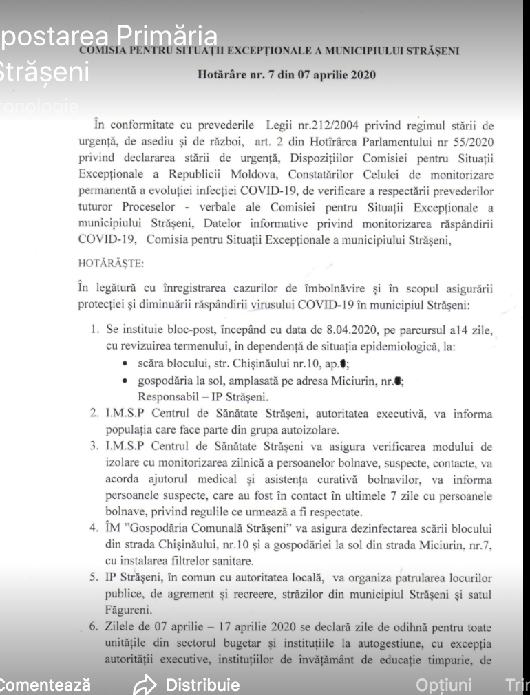 В Страшенах на карантин поместили подъезд жилого дома