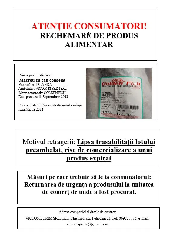 Un lot de macrou congelat produs în Islanda, retras din vânzare