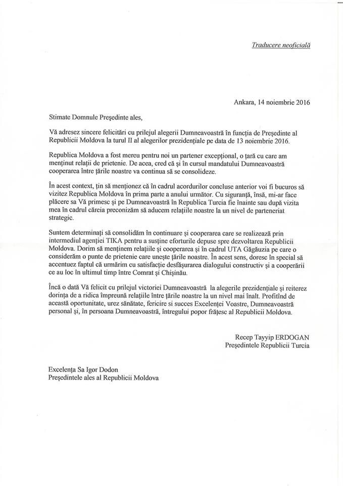Эрдоган поздравил Игоря Додона с избранием на пост президента Молдовы